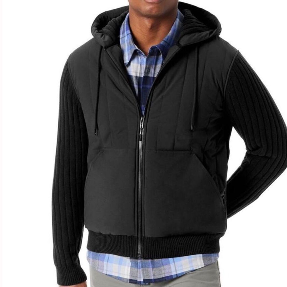 BASS OUTDOOR BLACK NWT Men's Mixed Media Zip-Front Hooded Sweater Jacket